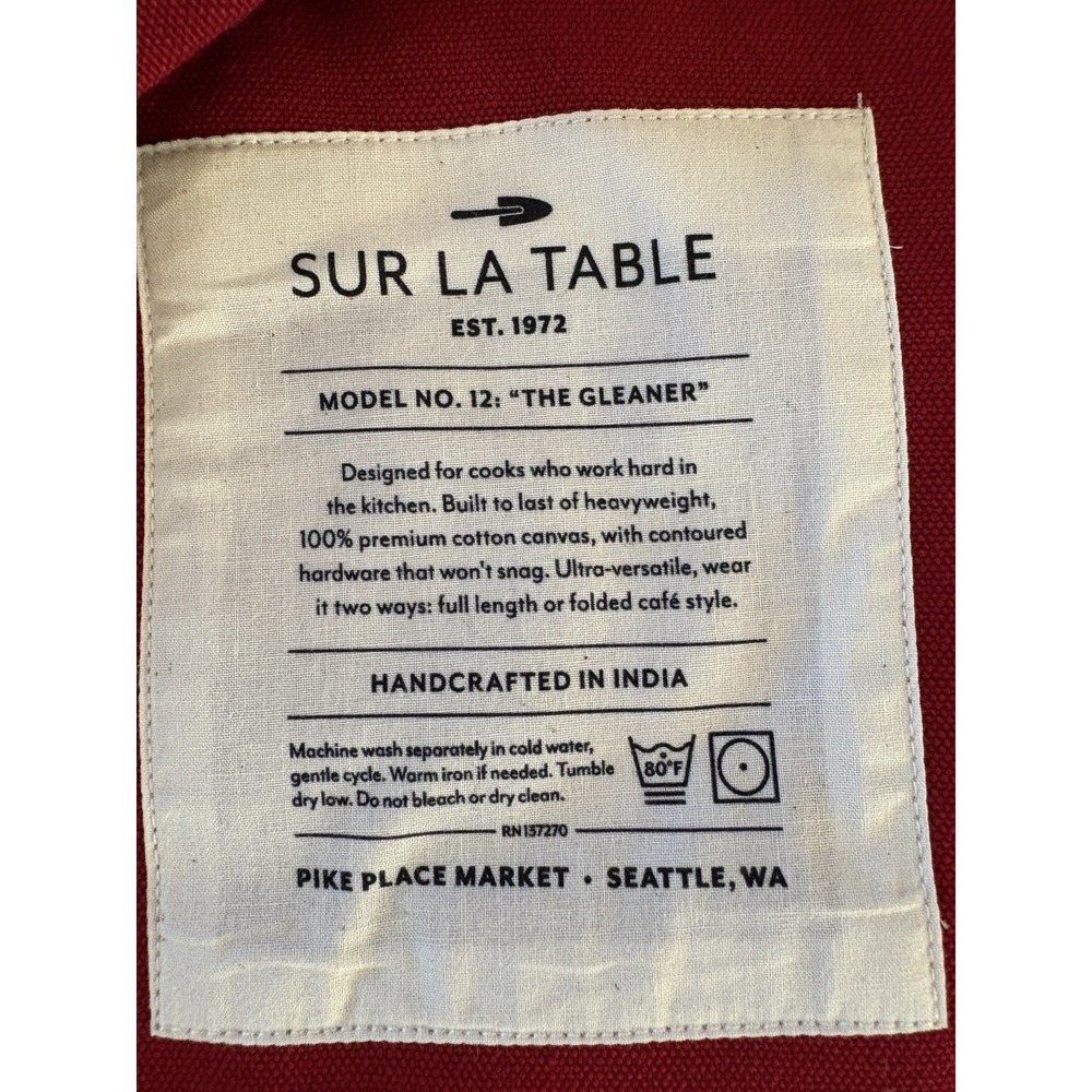 Sur la Table Apron Signature Red 100% Cotton Pockets O/S Adjustable Never Used - Picture 7 of 14